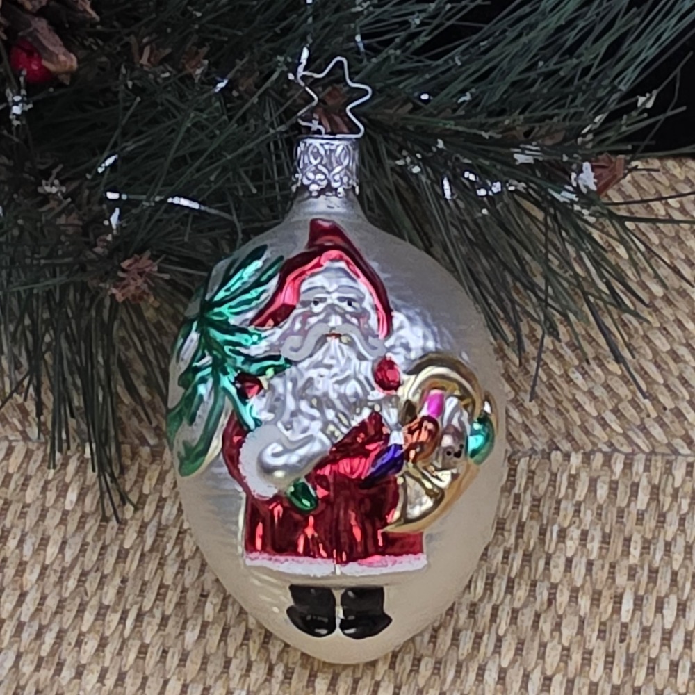 VTG West Germany‎ Blown Glass Santa Egg Christmas Ornament 4" Embossed Silver